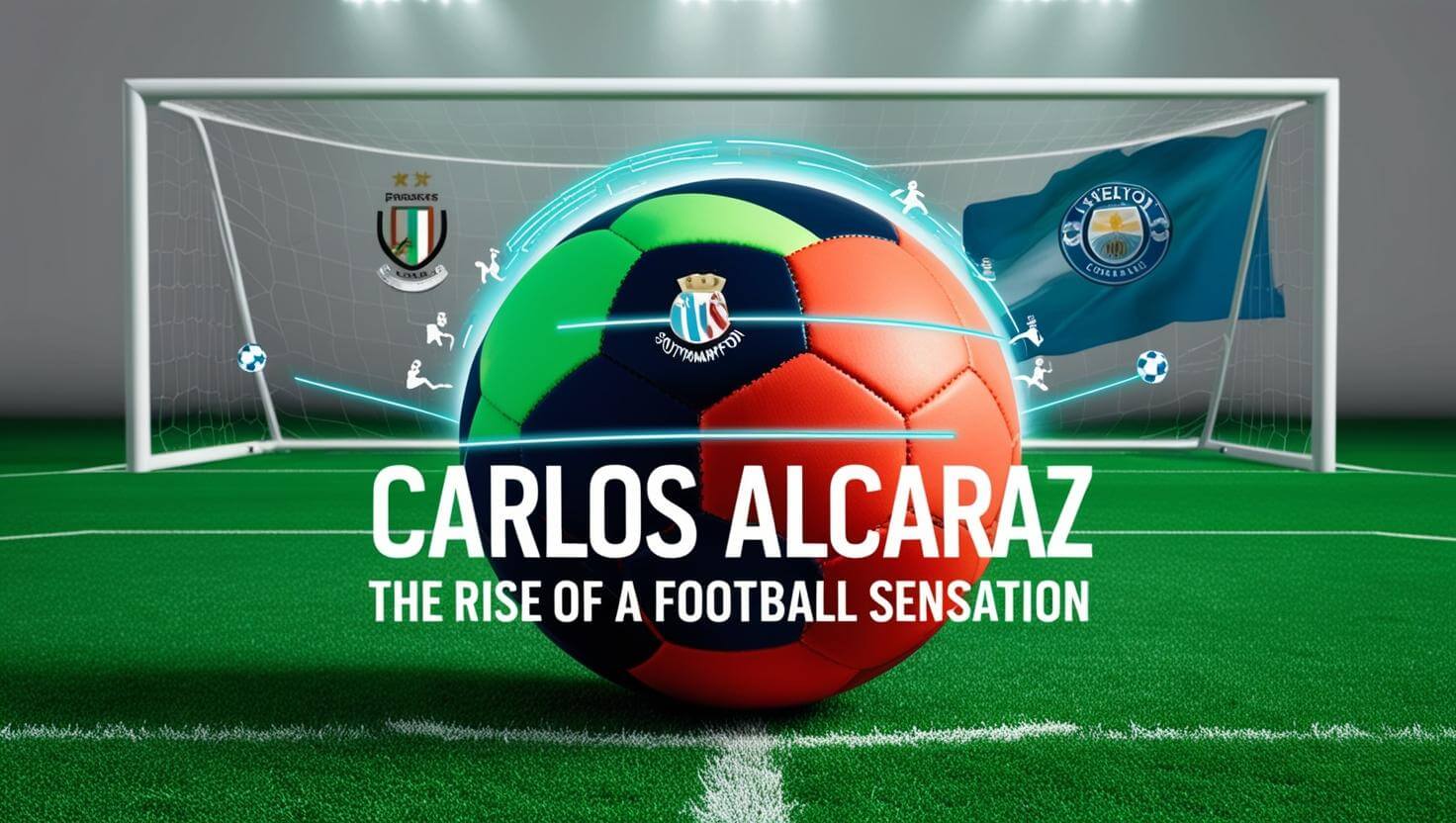 A vibrant image illustrating Carlos Alcaraz's football journey, featuring a football pitch, goalpost, and digital elements symbolizing his career moves.