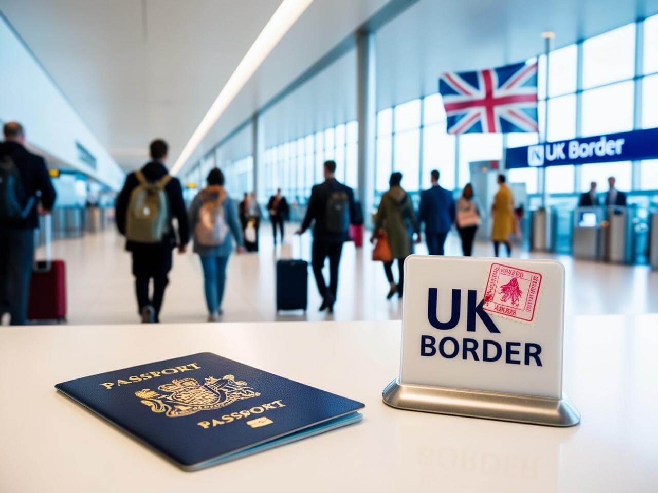 UK Border Control with passport and visa stamp, representing UK entry requirements.