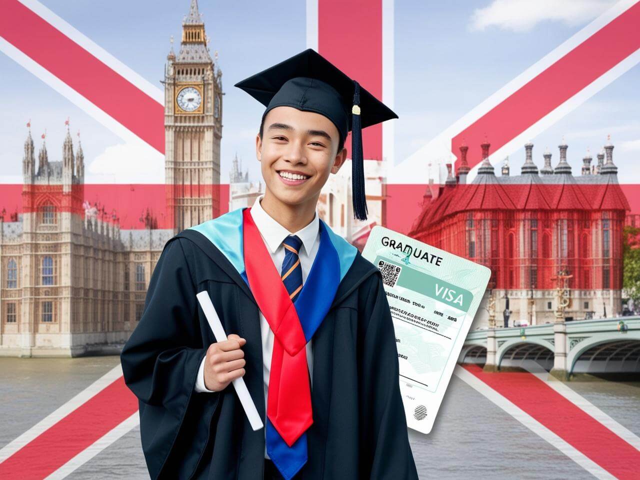 An international graduate celebrating in the UK, representing career opportunities with the Graduate visa.