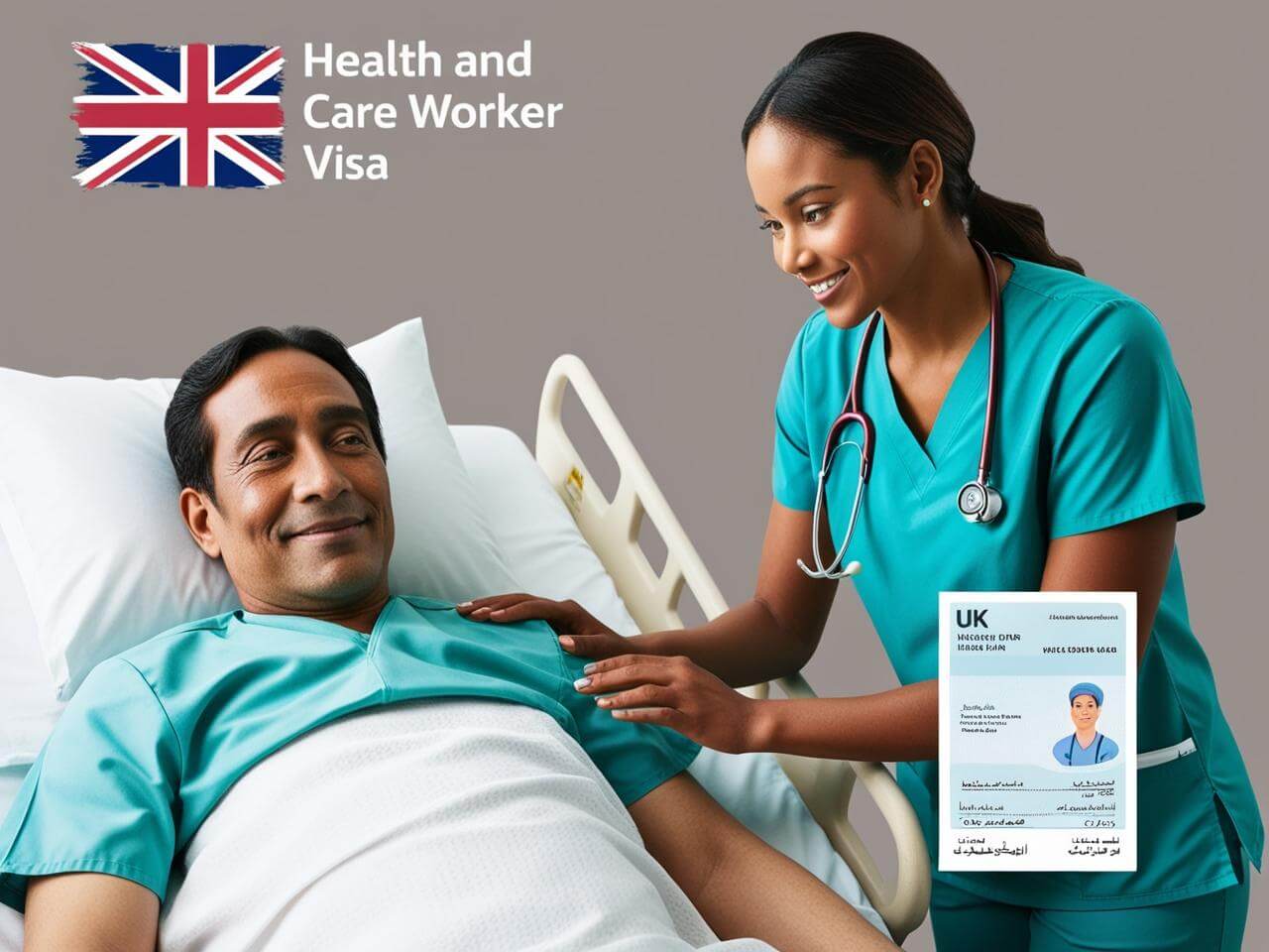 A healthcare worker assisting a patient in a UK hospital, symbolizing opportunities under the Health and Care Worker Visa.