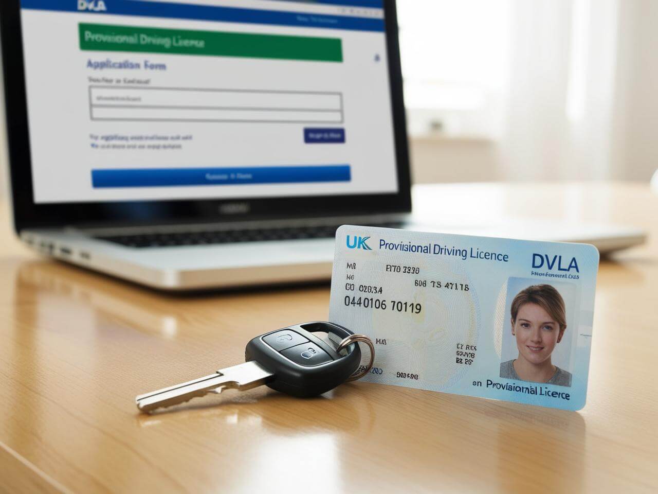 A UK provisional driving licence with a car key and a laptop displaying the DVLA application process in the background.