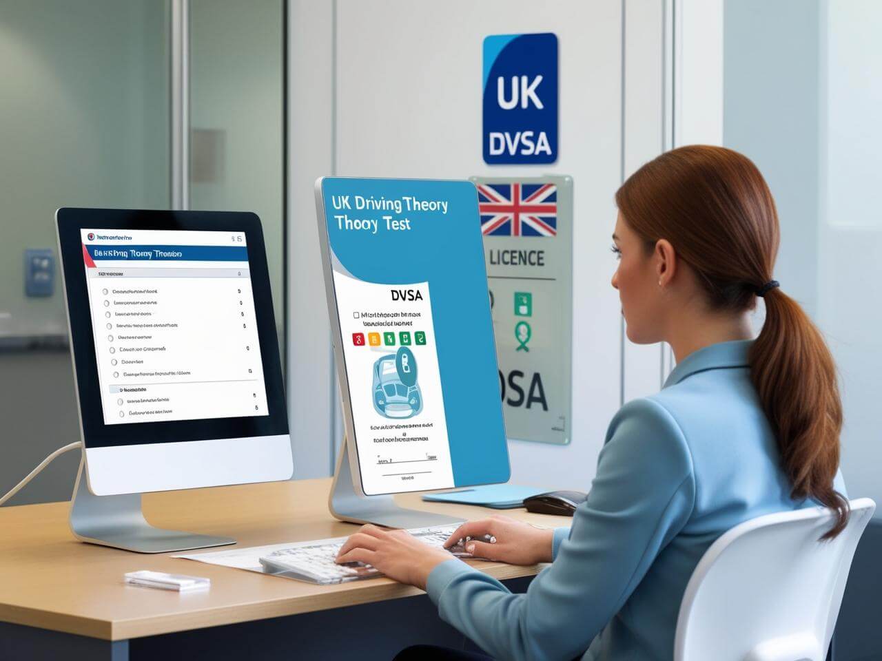 A candidate taking the UK driving theory test on a computer, with a driving licence and hazard perception symbols in the background.