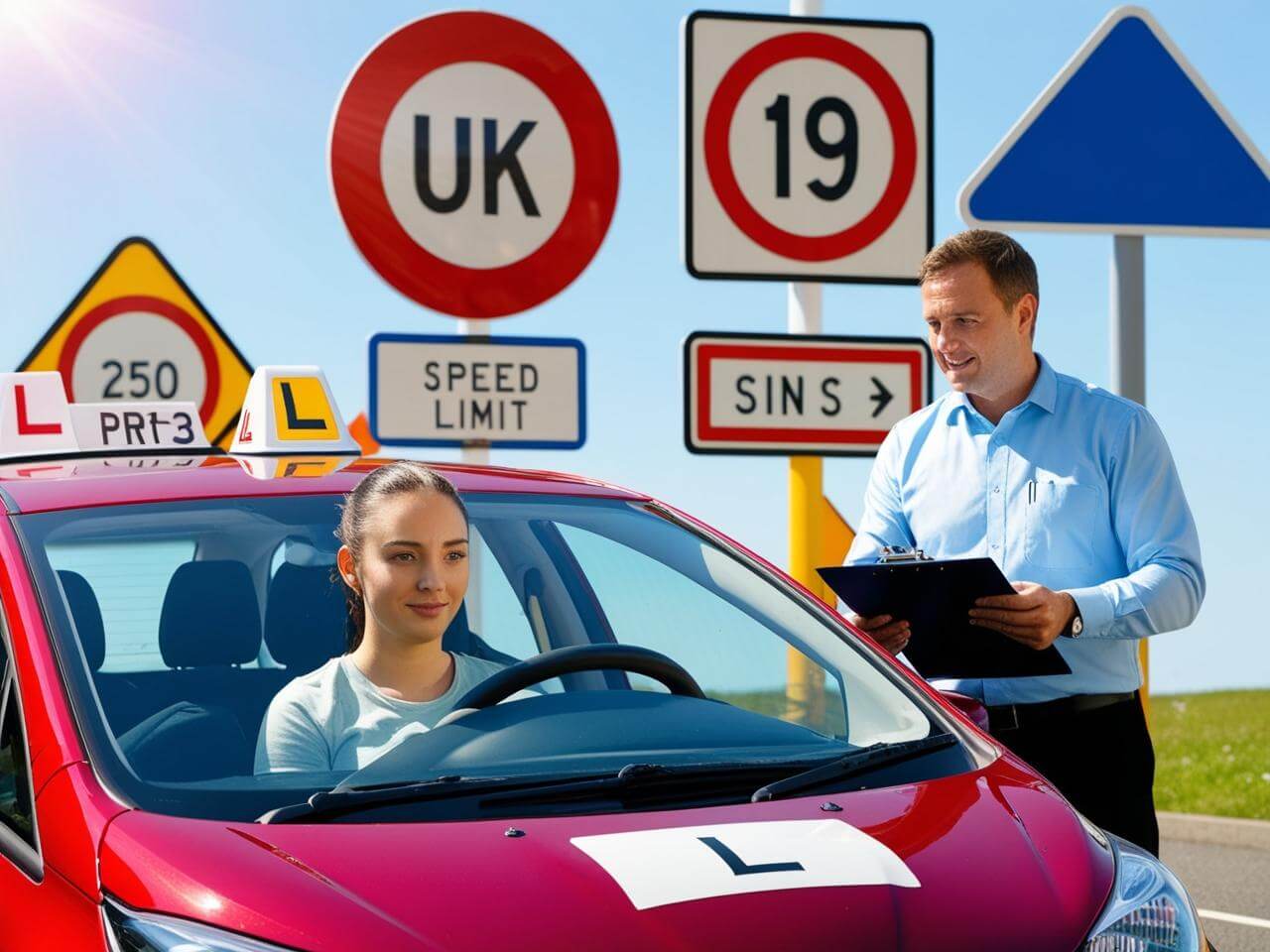 A learner driver with a qualified UK driving instructor in a car, featuring an 'L' plate and road signs in the background.