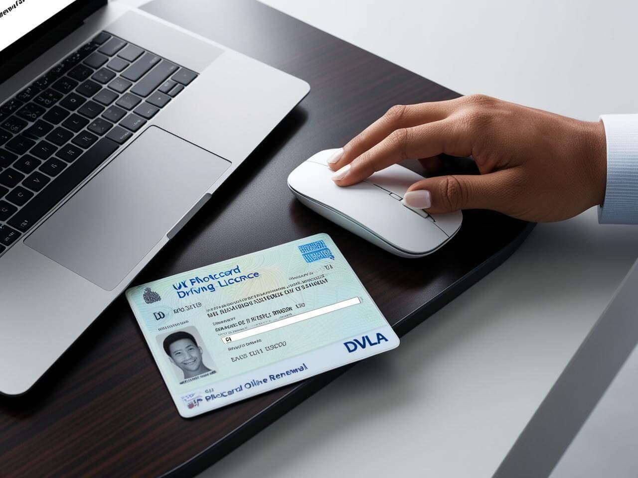 A UK photocard driving licence on a desk beside a laptop displaying the DVLA renewal website.