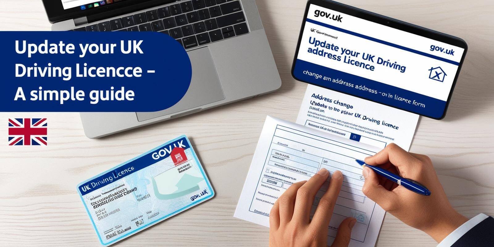 Illustration of a UK driving licence with an address update form and a digital Gov.uk webpage showing the online update process.