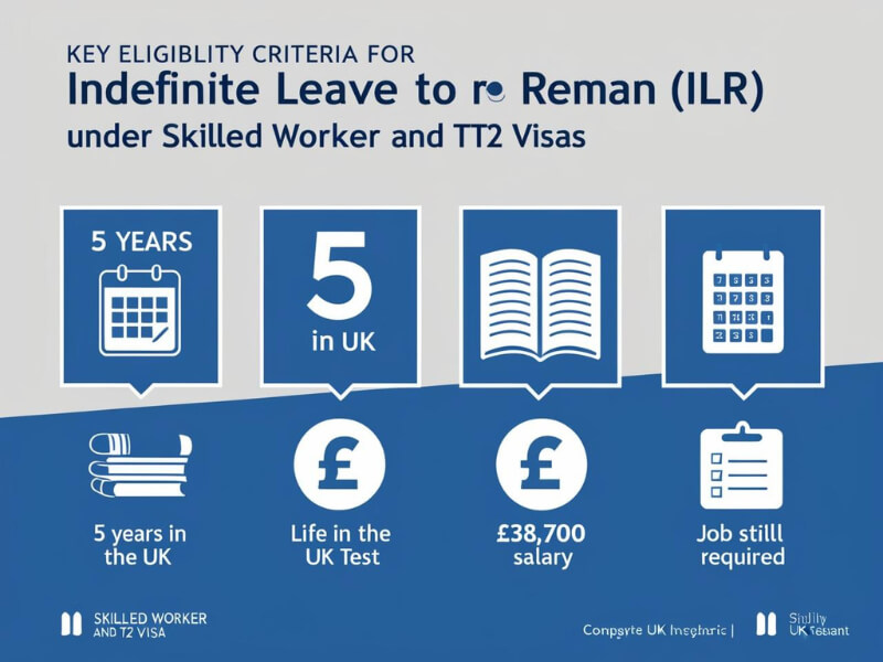 Infographic showing key ILR eligibility criteria: 5 years in the UK, Life in the UK Test, £38,700 salary, and employer job requirement.