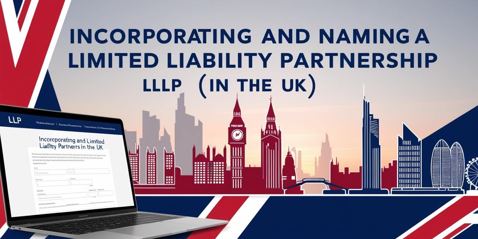 A UK-themed professional design featuring LLP registration, legal documents, business professionals, and the Union Jack flag colors.