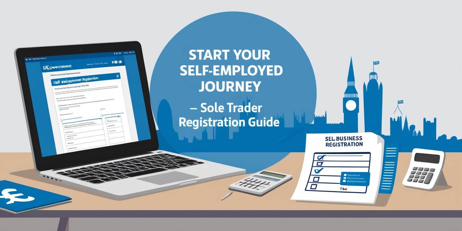 Illustration of a laptop displaying the UK Government self-employment registration page, a business registration checklist, and financial documents, symbolizing sole trader registration in the UK.