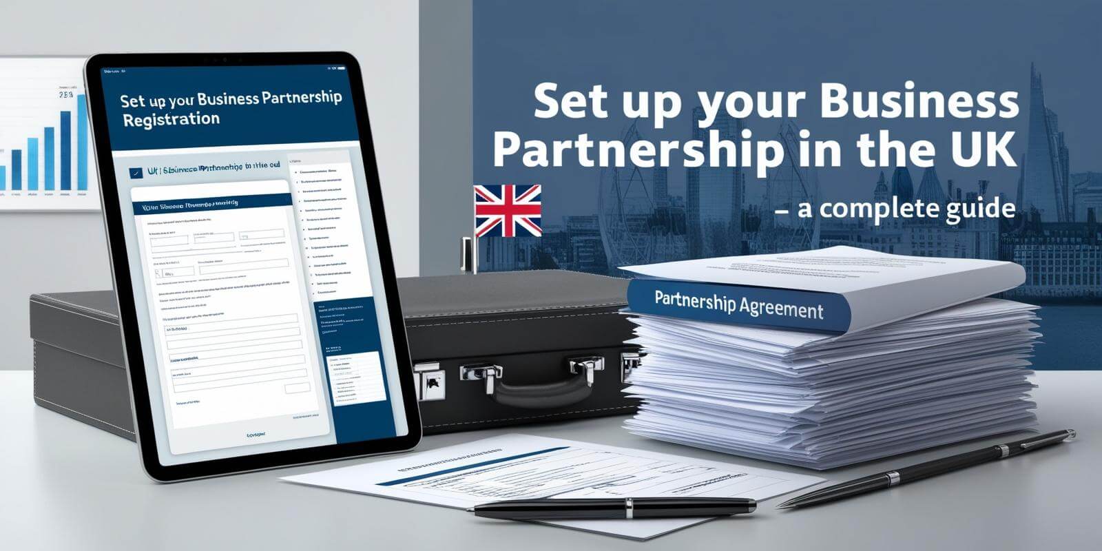 Two professionals shaking hands in front of a partnership agreement document, with a tablet displaying business registration details, symbolizing the process of setting up a business partnership in the UK.